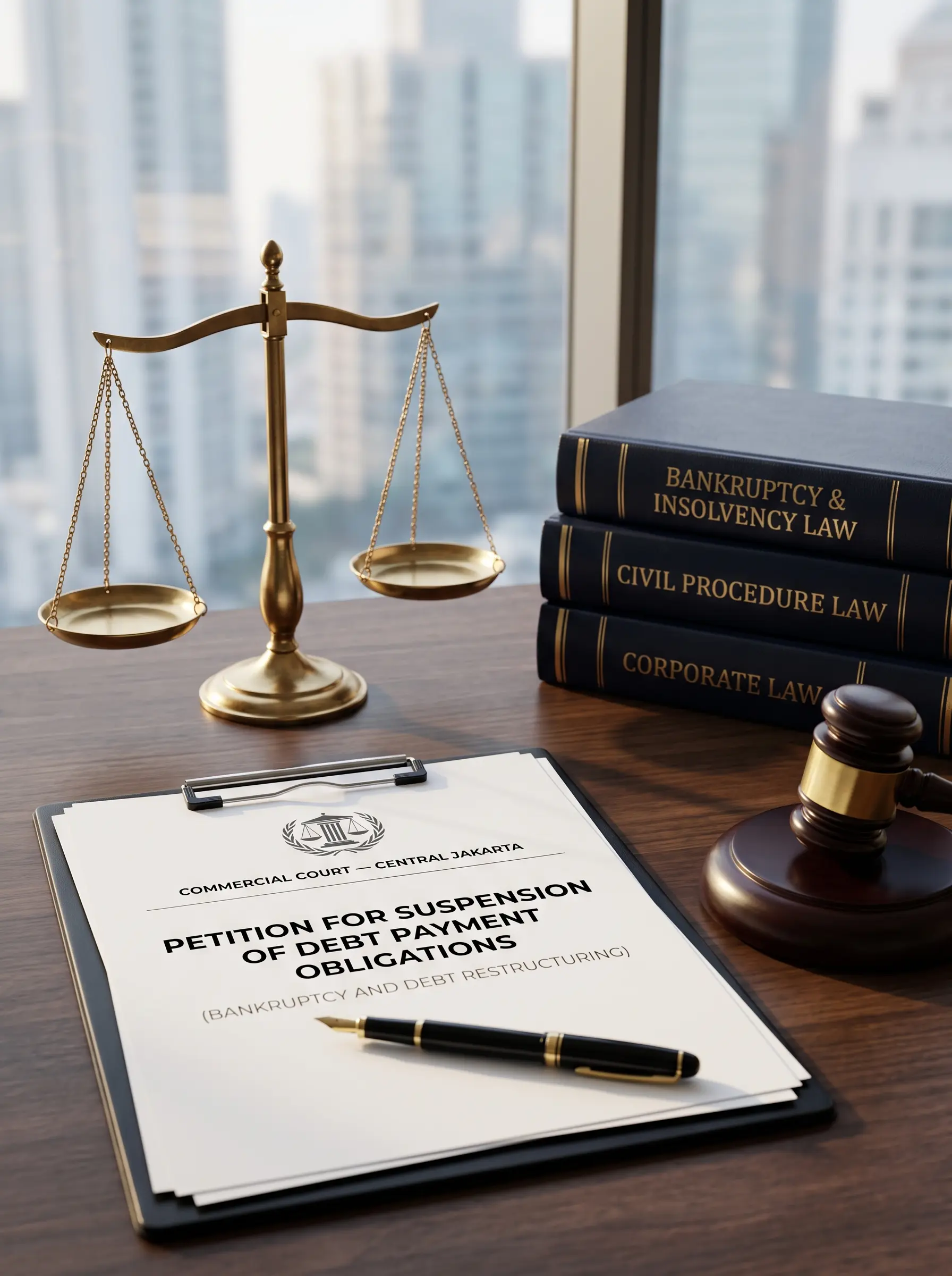 PKPU petition, scales of justice and gavel on a lawyer's desk